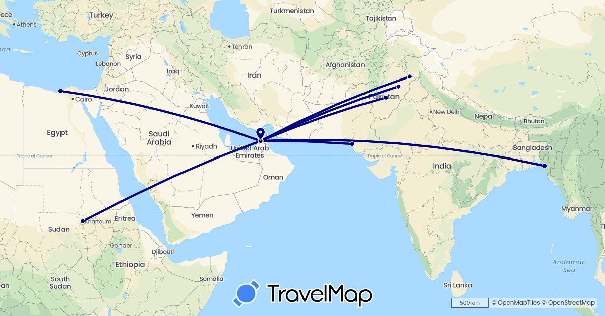 TravelMap itinerary: driving in United Arab Emirates, Bangladesh, Egypt, Pakistan, Sudan (Africa, Asia)